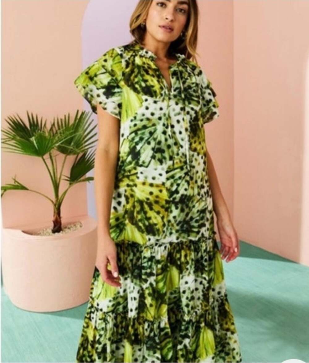 Marie Oliver Reid Green Palm Clover Reid Silk Tiered Midi A-Line Dress Sz S
